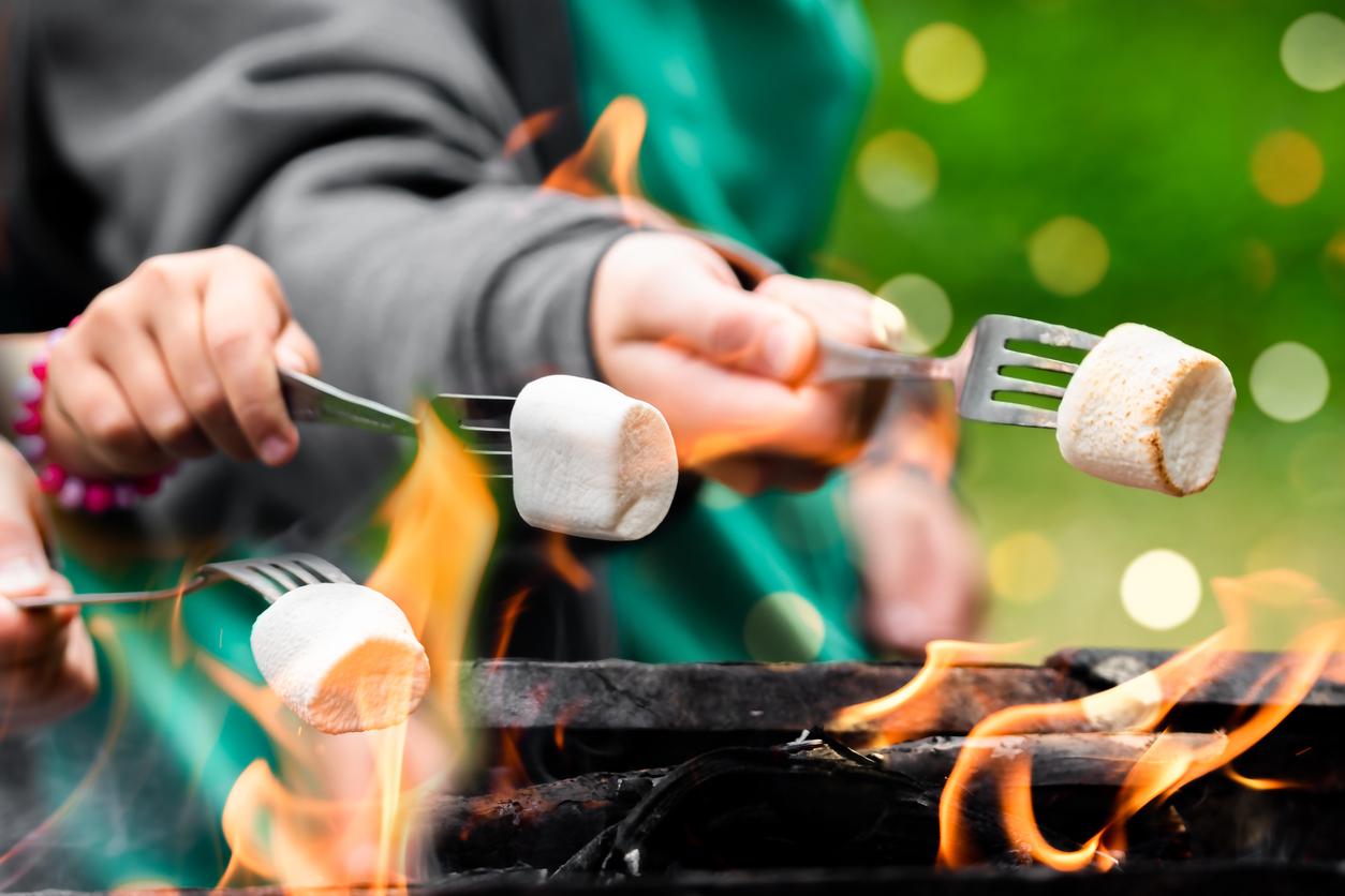 Friends gather together with large marshmallows on their forks roasting above a fire.